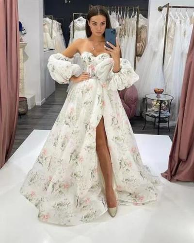 A-line Detachable Sleeves Long Prom Dresses, Elegant Floral Party Dresses, Newest Girl Graduation Dresses,1444