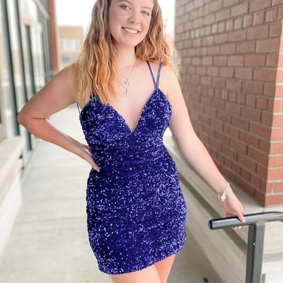 Sparkly v neck purple short homecoming dresses - Thumbnail 3