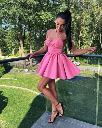 Cute A Line V Neck Hot Pink Satin Short Homecoming Dresses