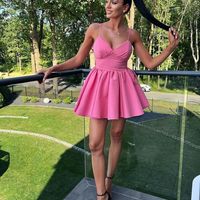 Cute A Line V Neck Hot Pink Satin Short Homecoming Dresses - Thumbnail 1