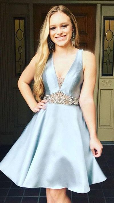 SP2195,Cute light blue beaded a-line homecoming dresses satin criss back graduation dress