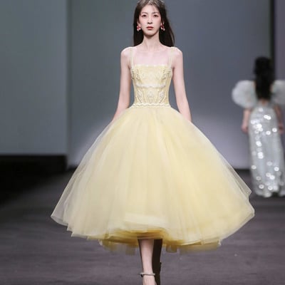 Yellow tulle beaded short prom dress homecoming dress - Thumbnail 2