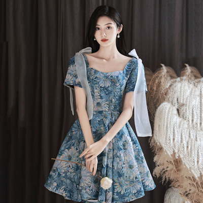 Blue printed short prom dress homeconing dress - Thumbnail 1