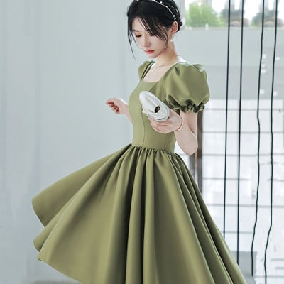 Green satin short prom dress a-line homecoming dress - Thumbnail 1