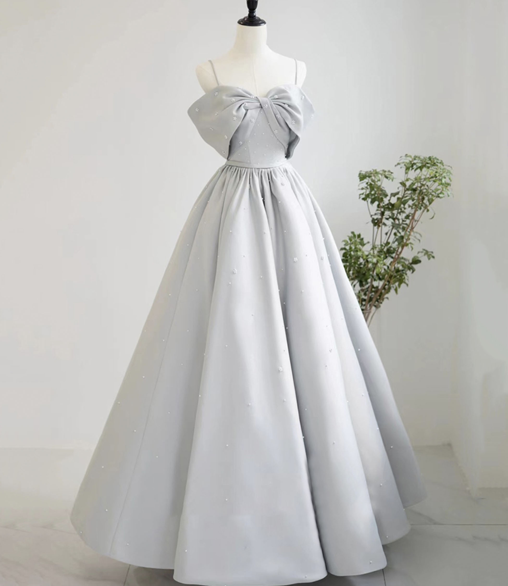 Gray satin long prom dress A line evening dress