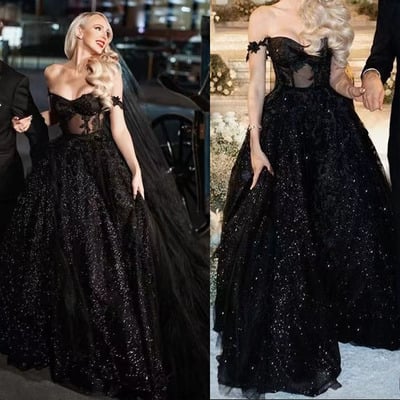 Off shoulder black prom dresses corset sparkly - Thumbnail 2
