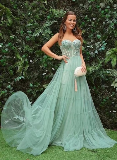 Light Sage Prom Dresses Corset with Lace