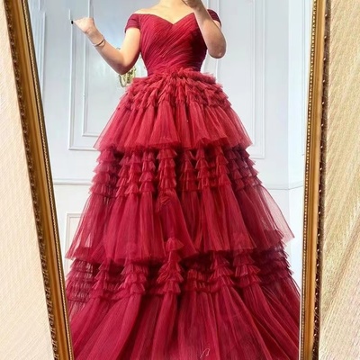 Red prom dresses off shoulder tulle - Thumbnail 2