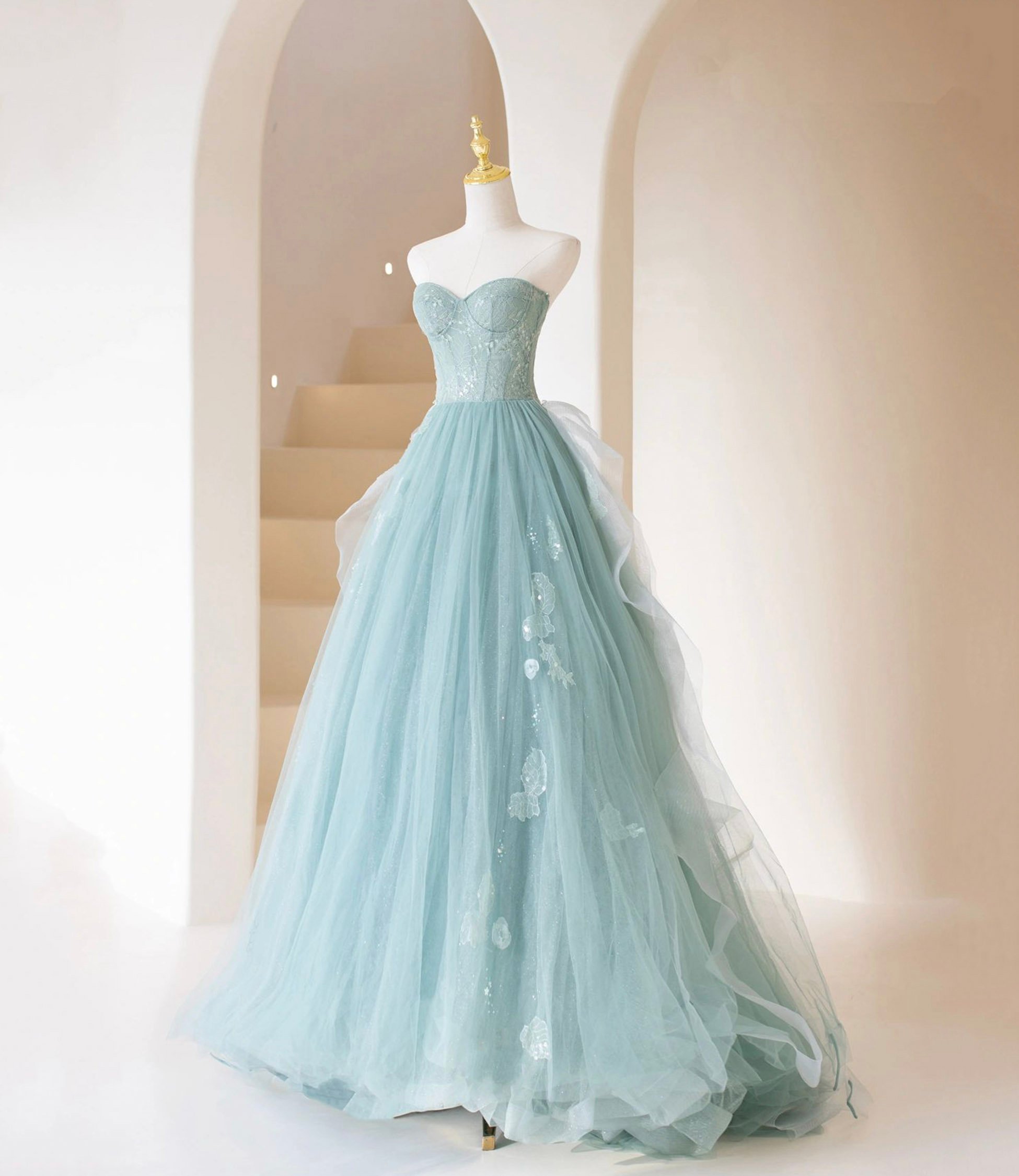 Cute Tulle Lace Long Prom Dress A Line Evening Dress