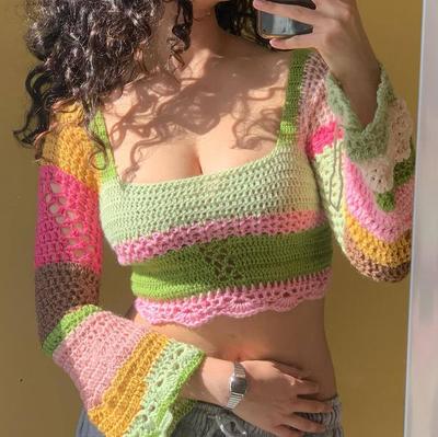 Square Collar Colorful Crochet Long Sleeve Top