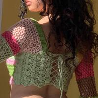 Square Collar Colorful Crochet Long Sleeve Top - Thumbnail 2