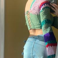 Square Collar Colorful Crochet Long Sleeve Top - Thumbnail 5