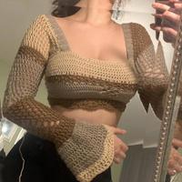Square Collar Colorful Crochet Long Sleeve Top - Thumbnail 3