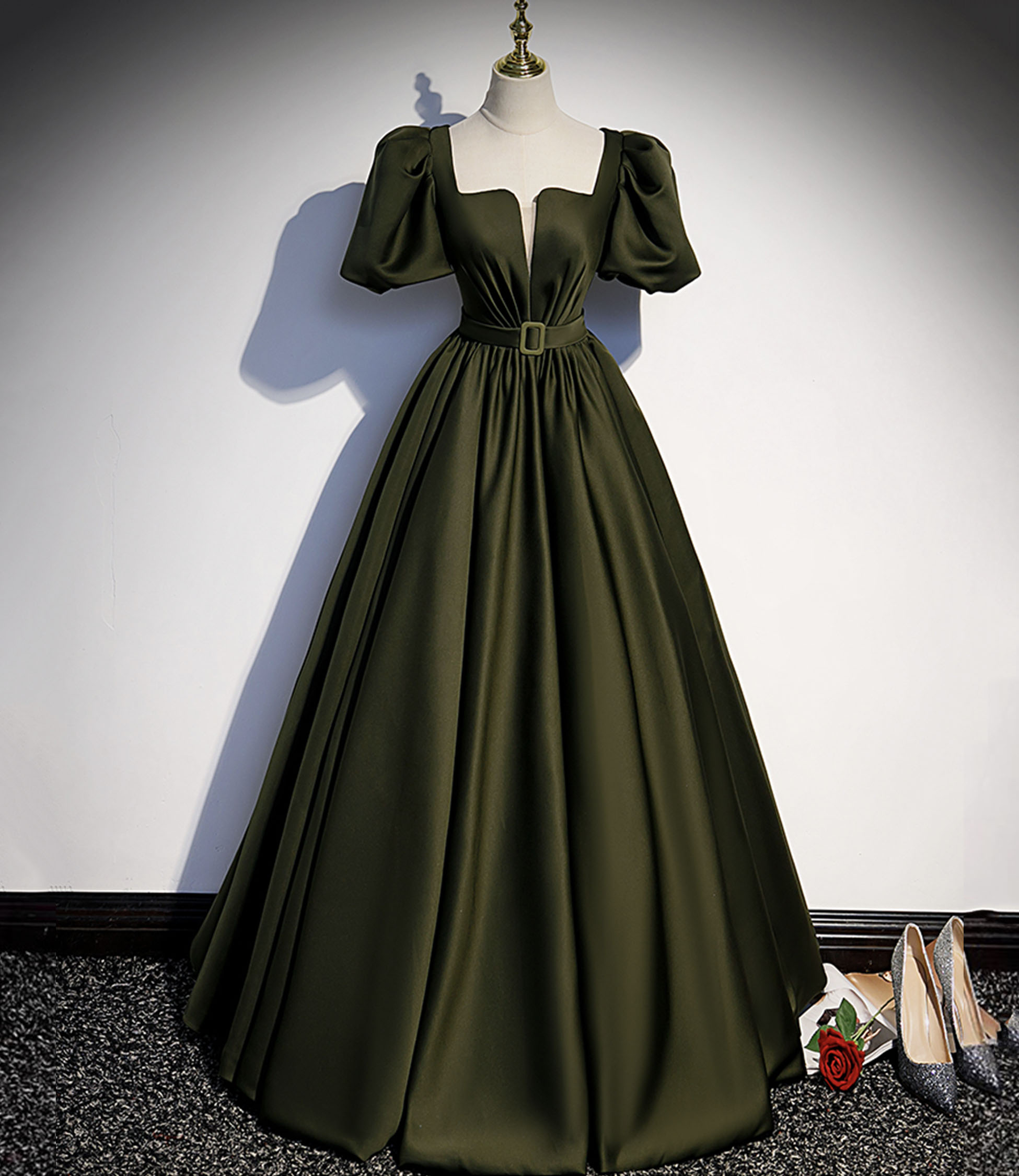 Green satin long prom dress A line evening gown