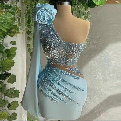 One Shoulder Homecoming Dresses with Sequins Handmade Flowers