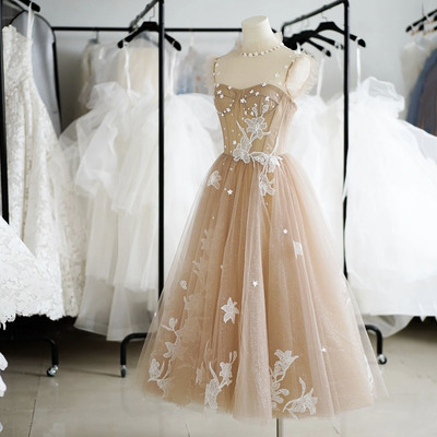 Champagne tulle lace short prom dress homecoming dress - Thumbnail 1