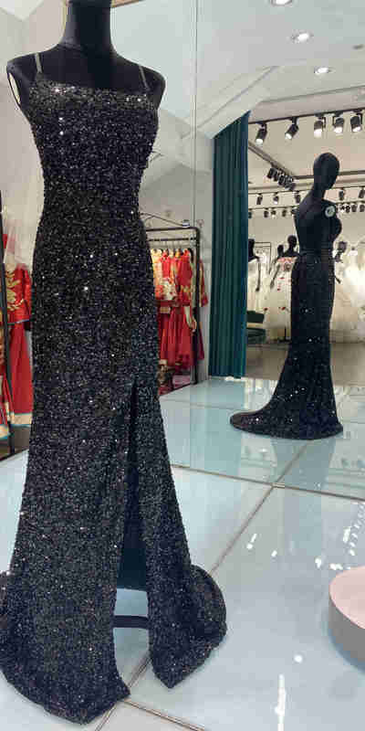 Glitter Mermaid Scoop Neck Black Sequins Long Prom Dresses with Cross Back