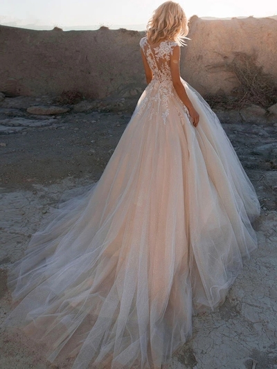 Princess A-Line Blush Pink Tulle Long Wedding Dresses with Appliques,884