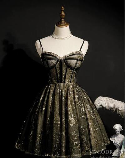 Spaghetti Strap Beaded Black Lace Homecoming Dresses,889