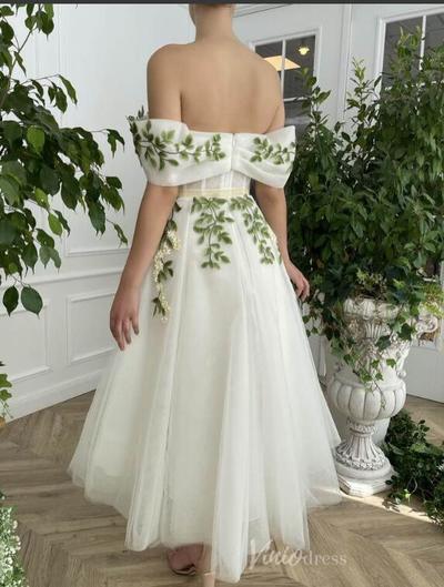 Off the Shoulder Maxi Formal Dress Green Leaf Appliqued Prom Dress,890