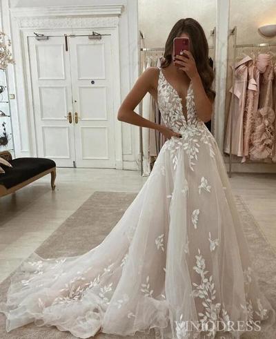 Deep V-neck Rustic Wedding Dresses Chapel Train Lace Boho Wedding Dress,891