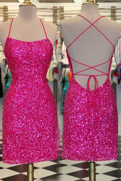 Hot Pink Sequins Lace-up Bodycon Homecoming Dresses