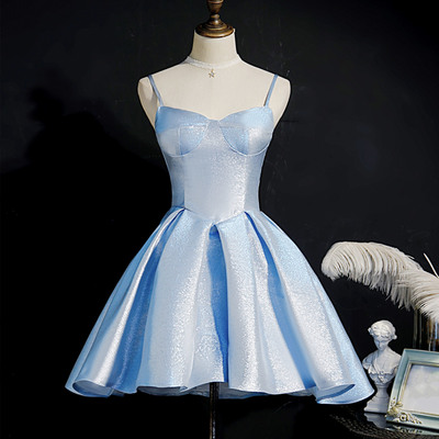 Blue satin short prom dress homecoming dress - Thumbnail 3