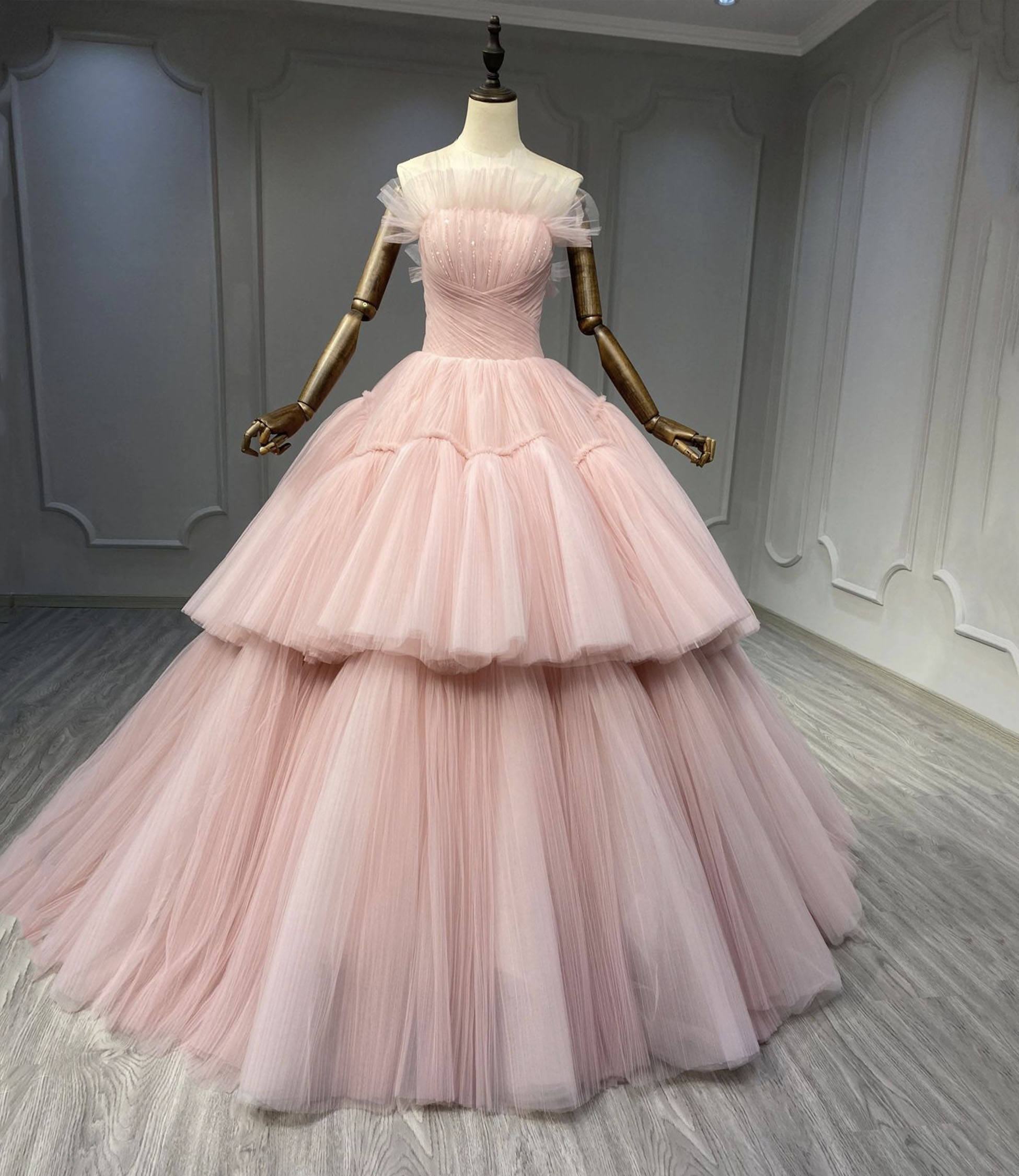 Pink tulle long ball gown dress pink evening dress