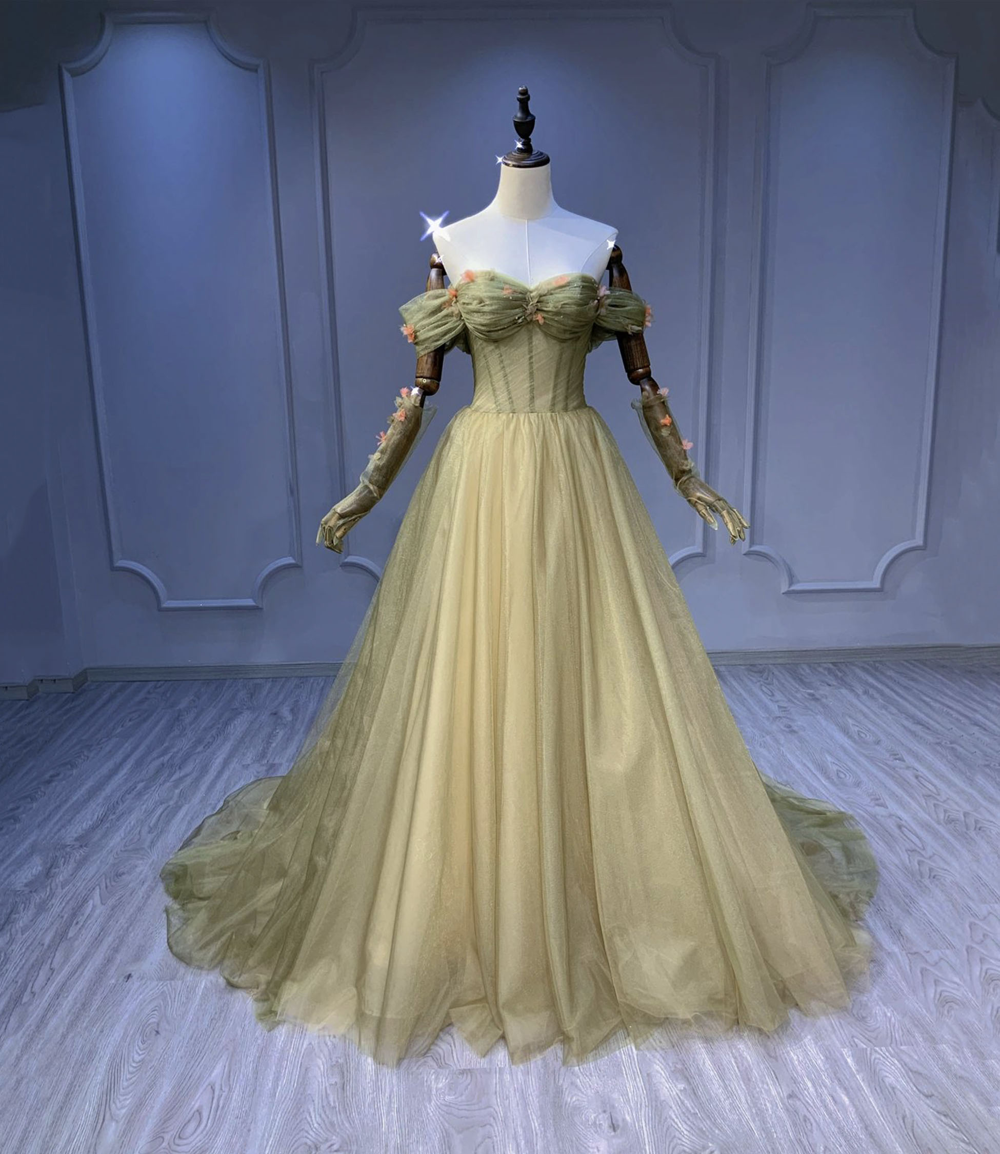 Green tulle long prom dress A line evening dress