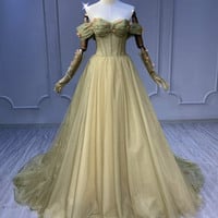 Green tulle long prom dress A line evening dress - Thumbnail 3