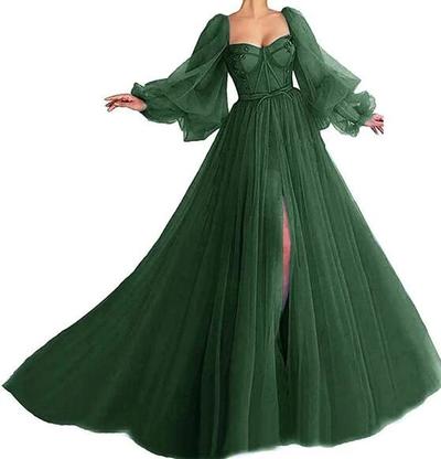 Vintage Tulle Puffy Sleeve Prom Evening Dress with Split