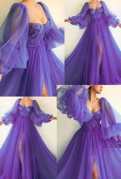 Beautiful Purple tulle prom dress with long sleeves