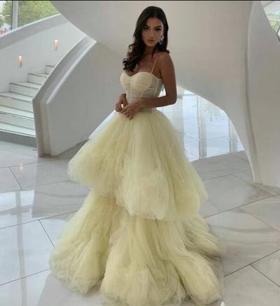 Spaghetti Straps Yellow Tulle Prom Dresses