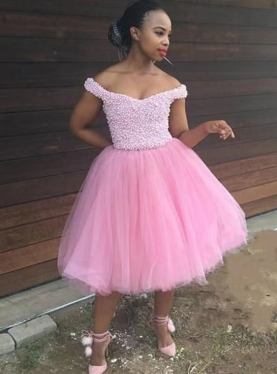 Pink Knee Length Homecoming Dresses with Pearls