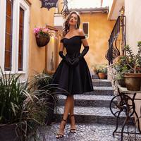 Vintage A-Line Off the Shoulder Black Little Dresses Homecoming Party Dresses - Thumbnail 1