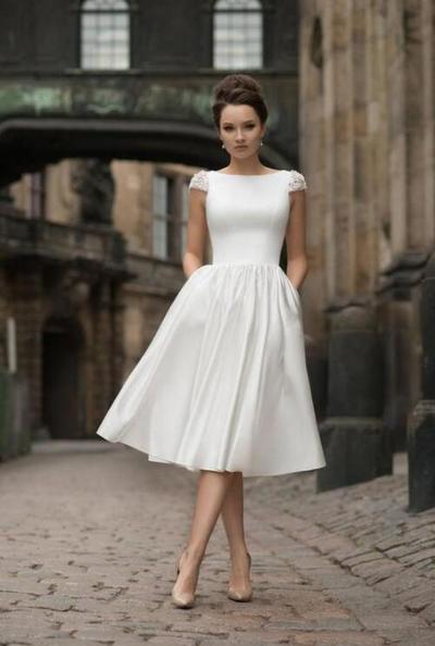 Cute A-line Satin Short Wedding Dress with Beaded Cap Sleeves