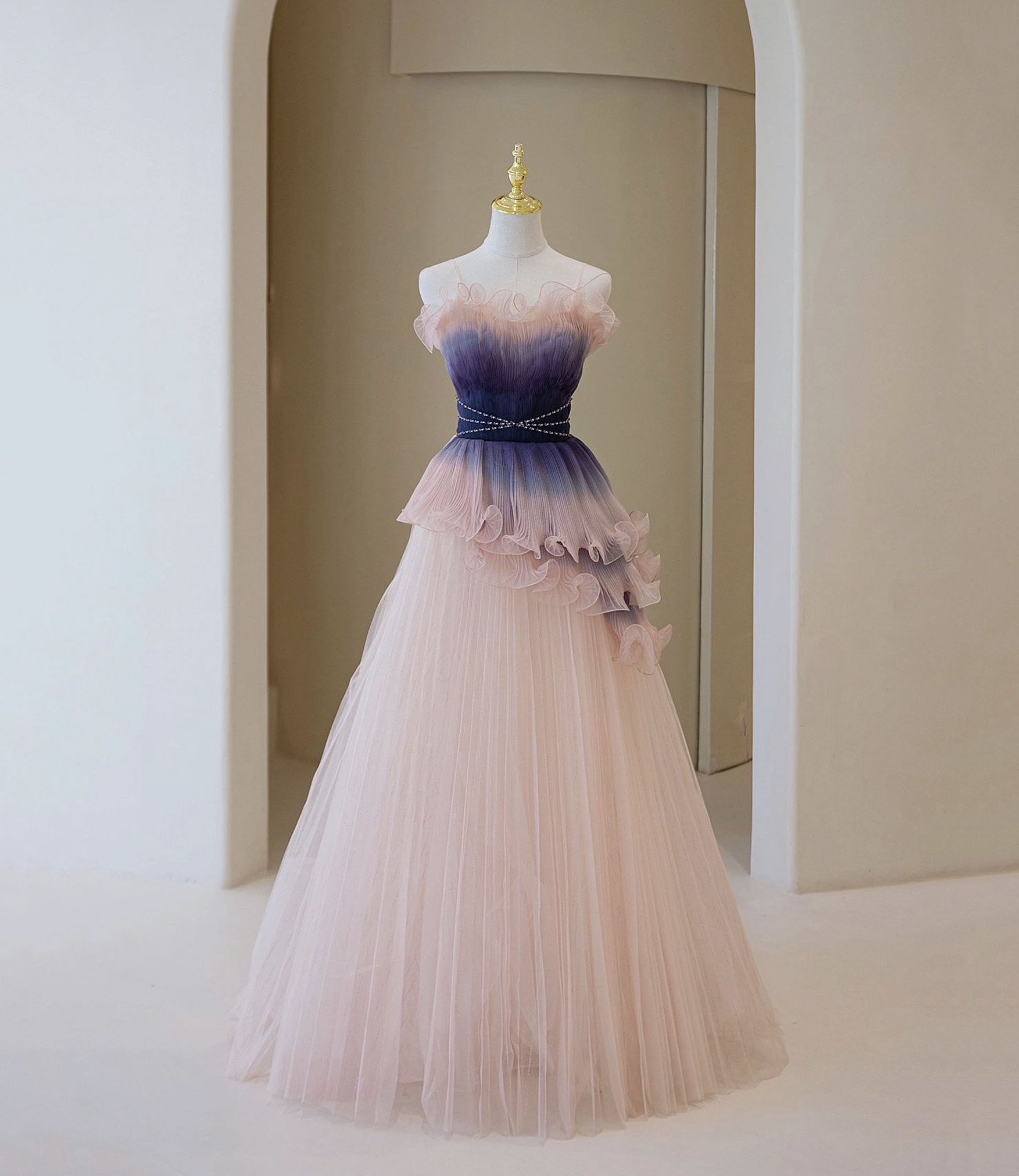 Unique Pink Gradient Long Prom Dress A-line Evening Dress