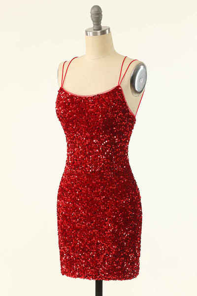 Cute Bodycon Scoop Neck Red Sequins Short Homecoming Dresses