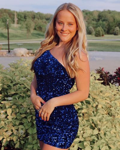 Sparkly Royal Blue One Shoulder Sequins Short Homecoming Dresses