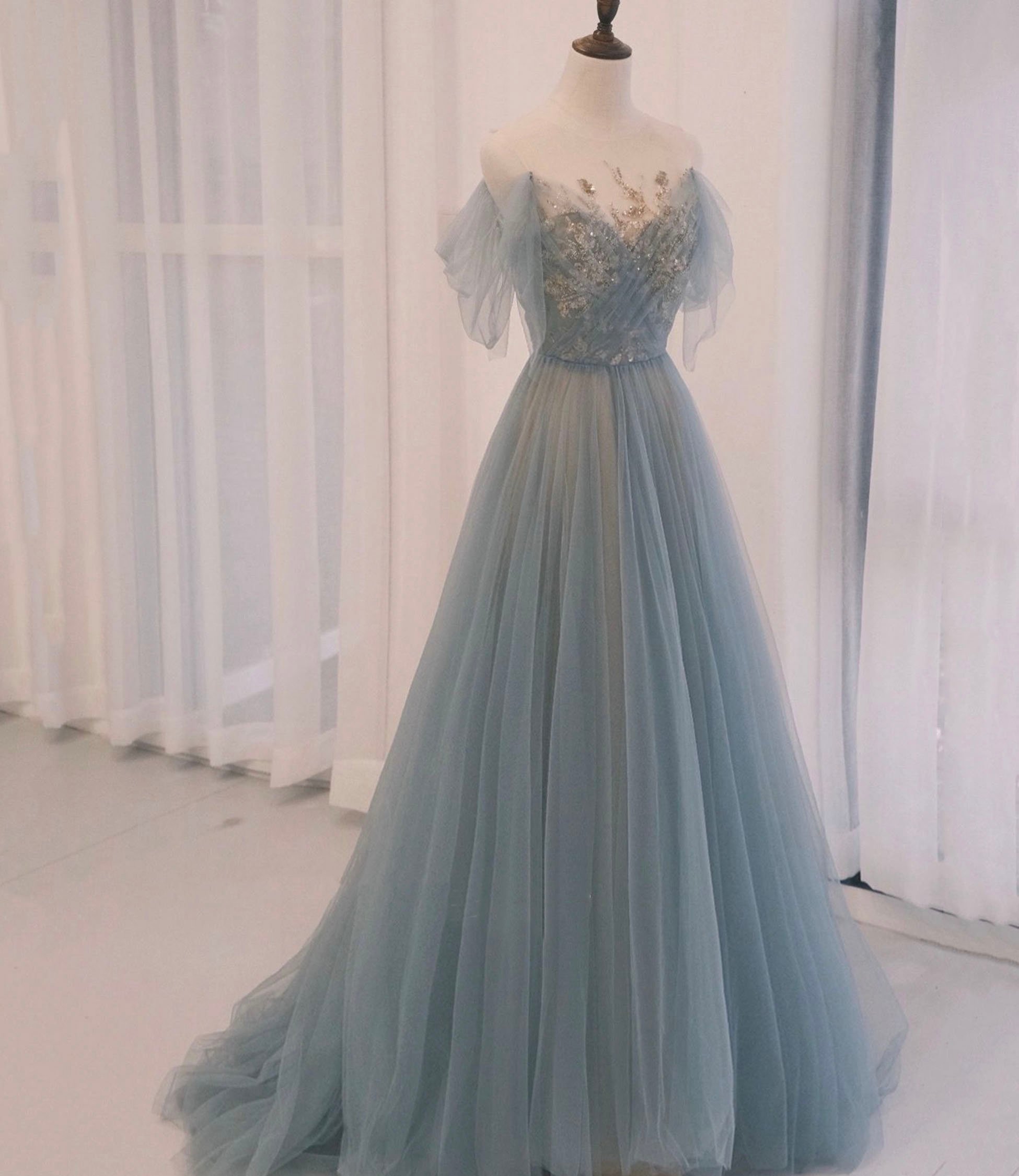 Blue tulle sequins long prom dress evening dress