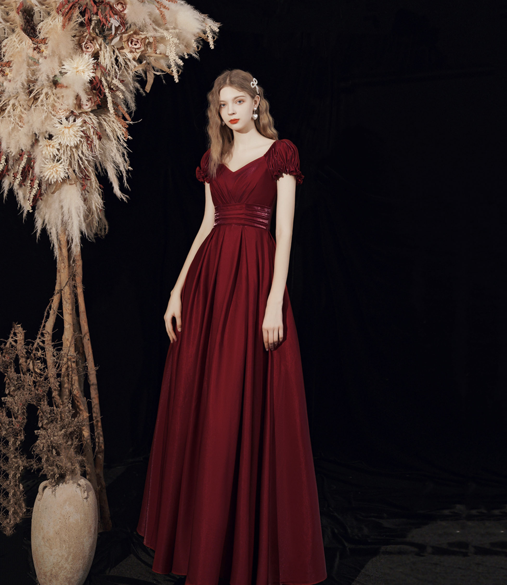 Burgundy V-neck long prom dress A-line evening dress