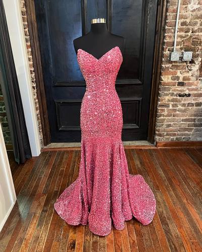Gorgeous Mermaid V Neck Coral Sequins Long Prom Dresses