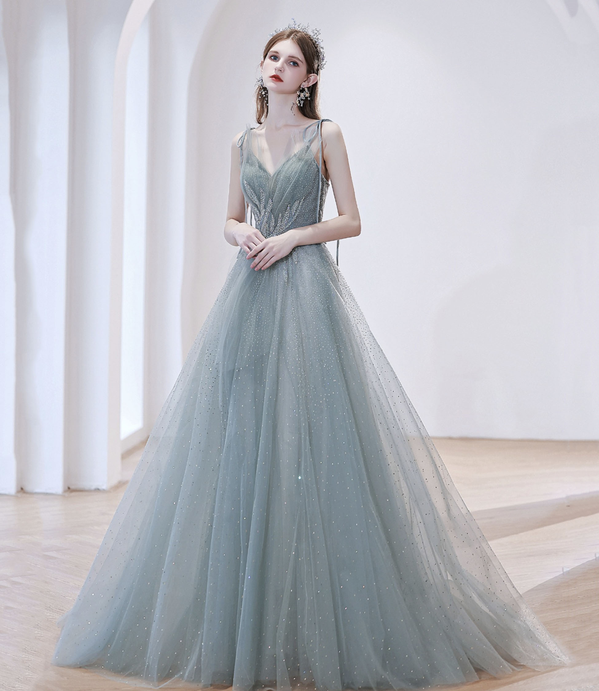 Cute V-neck tulle long prom dress evening dress