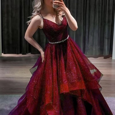 Sparkly burgundy prom dresses waist with beading - Thumbnail 2