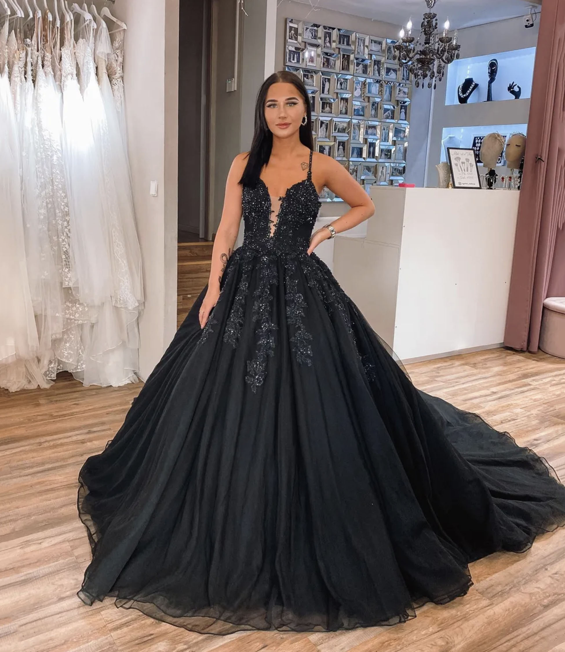 Black tulle lace long prom dress A-line evening gown