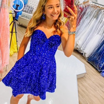 Sparkly a-line sweetheart blue sequins short homecoming dresses - Thumbnail 1