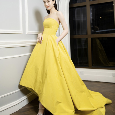Yellow shoulderless high low prom dress evening dress - Thumbnail 3