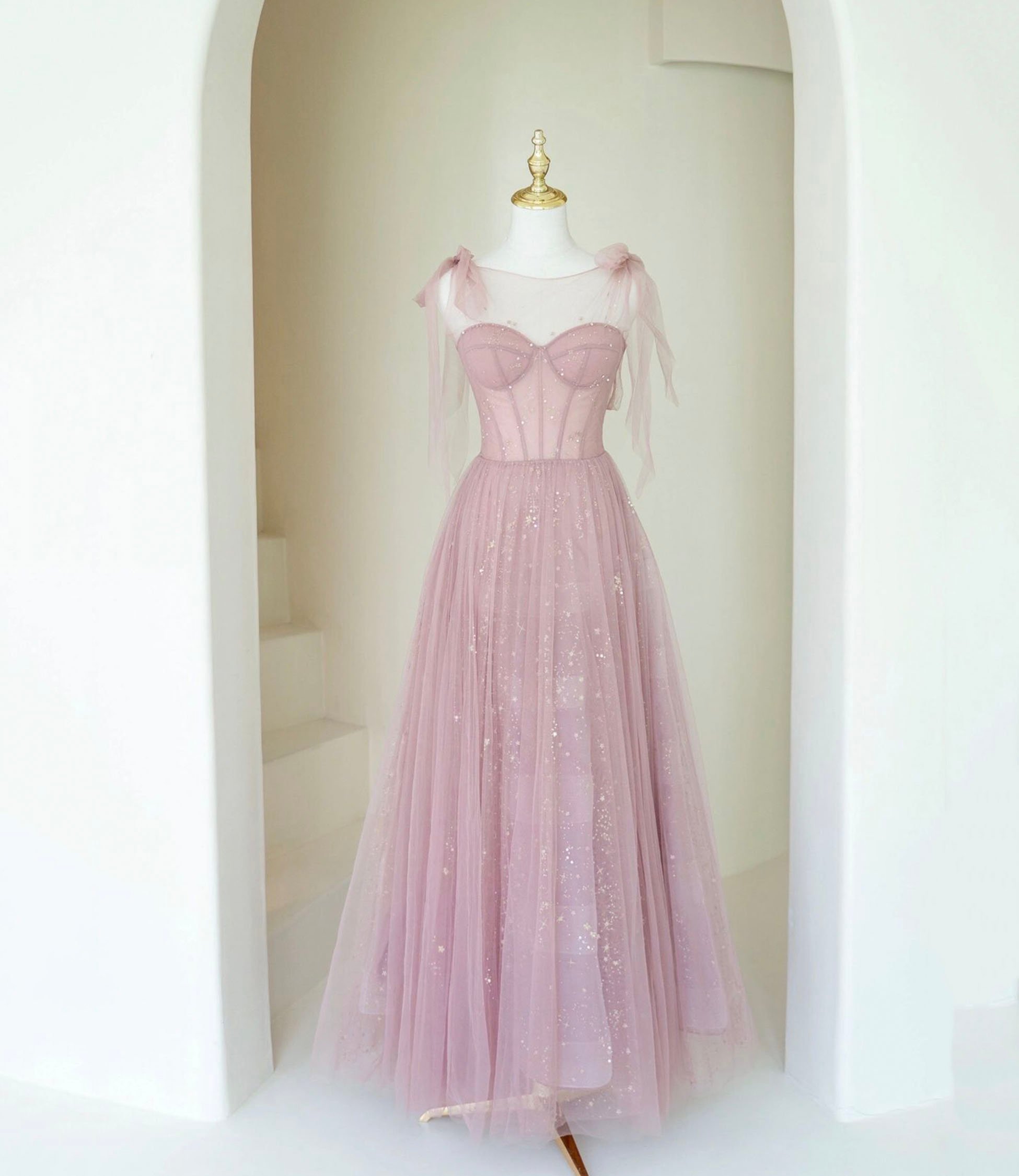 Pink tulle long prom dress A-line evening dress