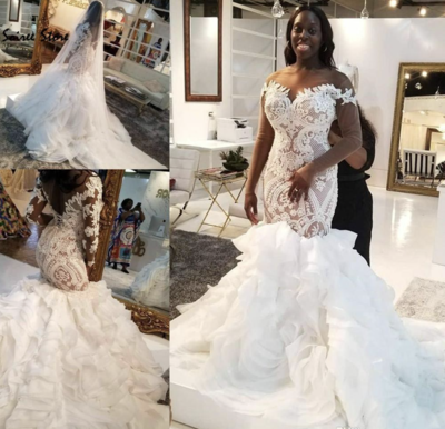 Sheer Neck Wedding Dresses Bridal Gown with 3/4 Sleeves Appliques