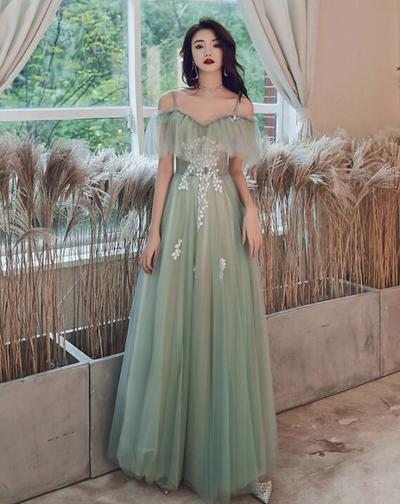 Off Shoulder A-line Tulle Mint Green and Champagne Long Formal Dress